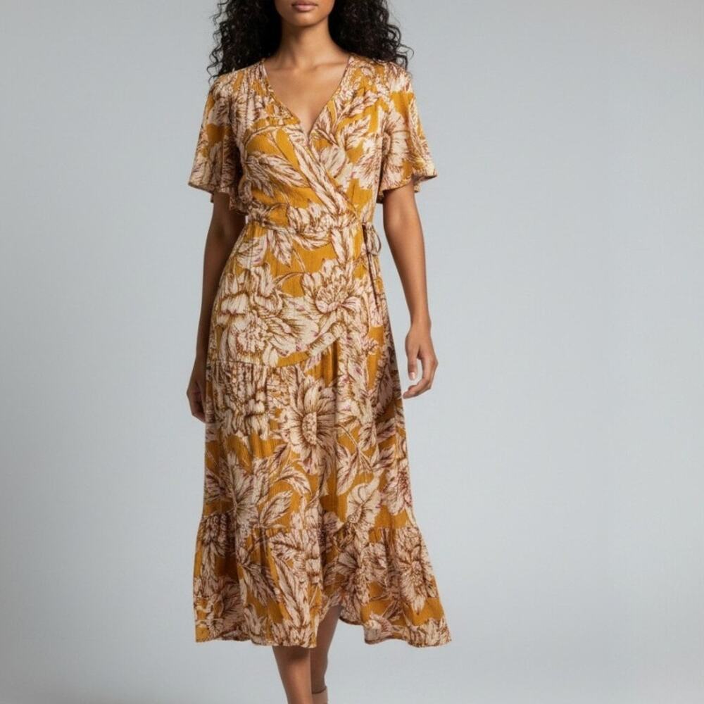 Band Of The Free Gold Blush V-Neck Hi Low Wrap Floral Dress Size Medium NWT